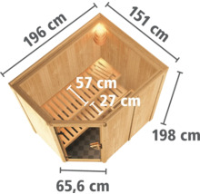 Bovenaanzicht van een sauna met afmetingen.