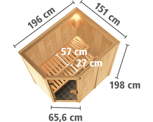 Bovenaanzicht van een sauna met afmetingen.
