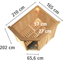 Afmetingen van een hoeksauna met de afmetingen 210 cm, 165 cm, 202 cm en 65,6 cm