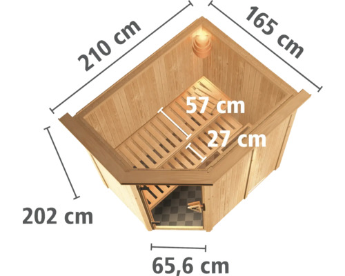 Afmetingen van een hoeksauna met de afmetingen 210 cm, 165 cm, 202 cm en 65,6 cm