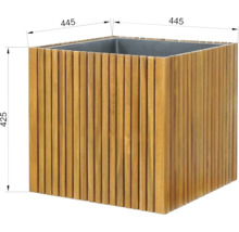 Vierkante plantenbak van hout met afmetingen 445 x 445 x 425 mm.
