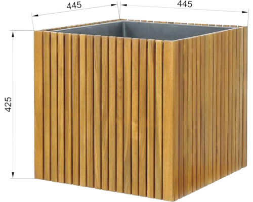 Vierkante plantenbak van hout met afmetingen 445 x 445 x 425 mm.