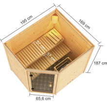 Binnenaanzicht van een sauna met afmetingen en twee houten banken