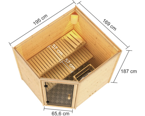 Binnenaanzicht van een sauna met afmetingen en twee houten banken