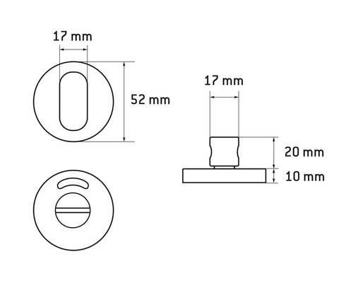 Technische tekening van een deurslot met de afmetingen 17 mm, 52 mm, 20 mm en 10 mm
