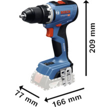 Bosch accuboormachine met de afmetingen 209 mm hoogte, 166 mm lengte en 77 mm breedte.