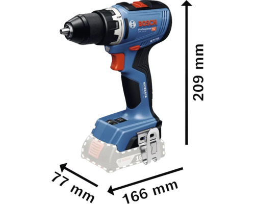 Bosch accuboormachine met de afmetingen 209 mm hoogte, 166 mm lengte en 77 mm breedte.