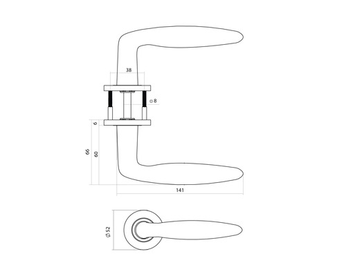 Technische tekening van een deurklink met afmetingen