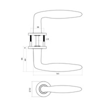 Technische tekening van een deurklink met afmetingen