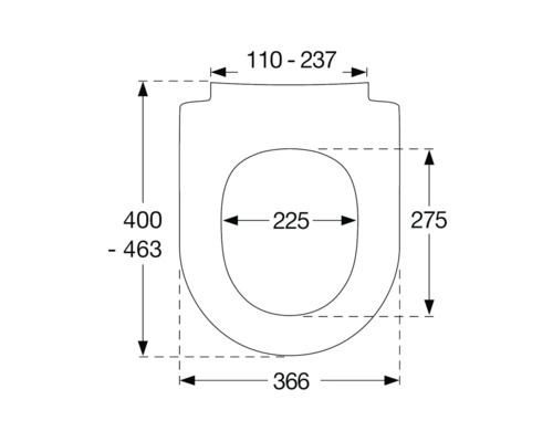 Technische tekening van een toiletbril met maatvoering.