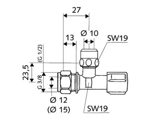 Technische tekening van een T-stuk met afmetingen
