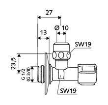 Technische tekening van een hoekregelventiel met maatvoering