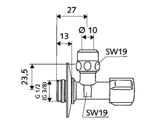 Technische tekening van een hoekregelventiel met maatvoering