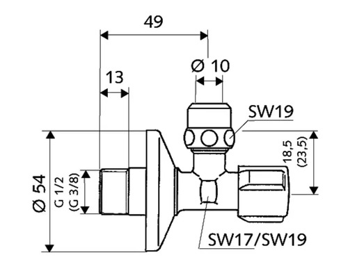 Technische tekening van een haakse kraan met maataanduidingen