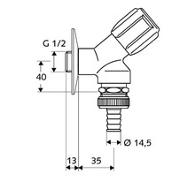 Technische tekening van een hoekventiel met afmetingen