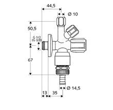 Technische tekening van een hoekregelventiel met maatgegevens