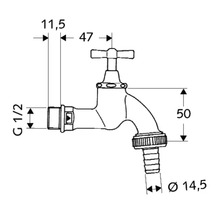Technische tekening van een waterkraan met afmetingen