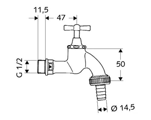Technische tekening van een waterkraan met afmetingen