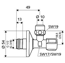 Technische tekening van een haakse regelklep met afmetingen