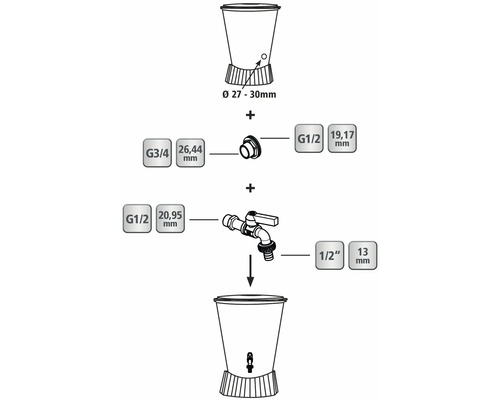Montage-instructie voor een regenton met de afmetingen 27 tot 30 mm, G3/4 26,44 mm, G1/2 19,17 mm, G1/2 20,95 mm en 1/2 inch 13 mm