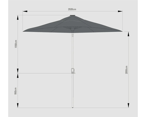 Technische tekening van een parasol met de afmetingen 2920 cm breedte, 1550 cm hoogte scherm, 2055 cm totale hoogte en 950 cm hoogte onderkant scherm.