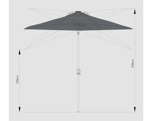 Afbeelding van een parasol met de afmetingen 2740 cm hoog en 1370 cm breed