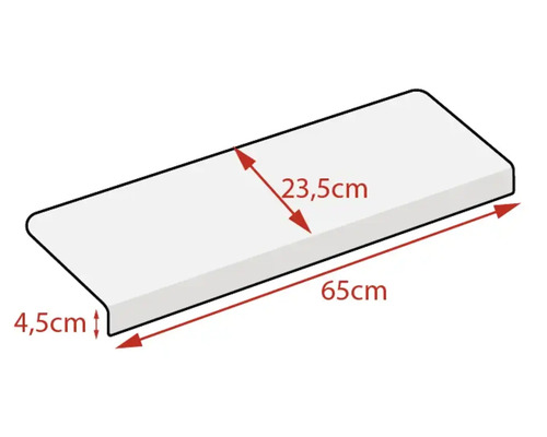 Vensterbank met de afmetingen 65 centimeter lang, 23,5 centimeter breed en 4,5 centimeter hoog