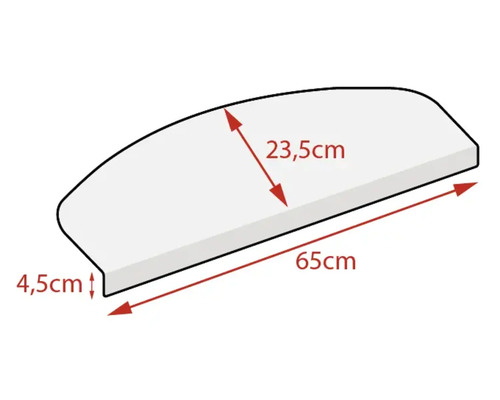 Schets van een vensterbank met afmetingen: 65 cm lengte, 23,5 cm breedte en 4,5 cm hoogte