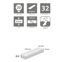 Informatie over garantieperiode, plankformaat Kingsize, gebruiksklasse 32, dikte, legprofiel en antistatisch oppervlak, evenals afmetingen van het product