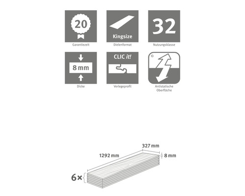 Informatie over garantieperiode, plankformaat Kingsize, gebruiksklasse 32, dikte, legprofiel en antistatisch oppervlak, evenals afmetingen van het product