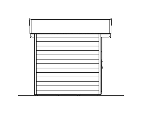 Tekening van een tuinhuis met houten wanden