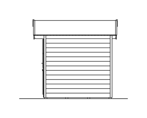 Tekening van een tuinhuis met houten wand
