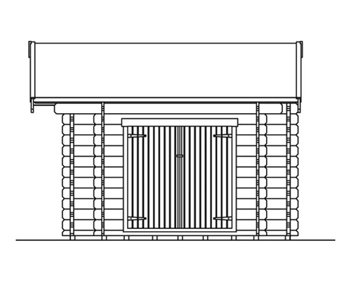 Tekening van een tuinhuis met dubbele deur