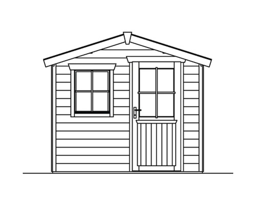 Tekening van een tuinhuis met raam en deur