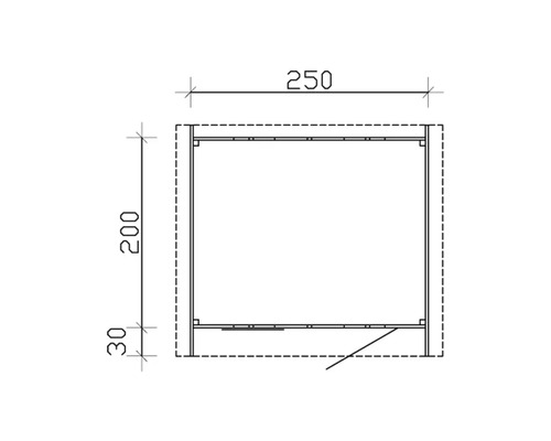 Technische tekening van een kast met afmetingen van 250 x 200 x 30