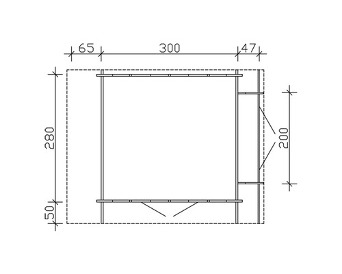 Technische tekening van een tuinhuis met maatvoering