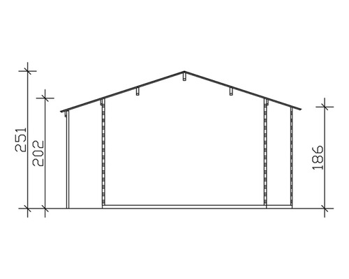Technische tekening van een tuinhuis met maatvoering.