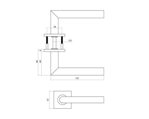 Technische tekening van een deurklink met maatvoering