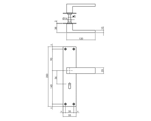 Technische tekening van een deurklink met afmetingen