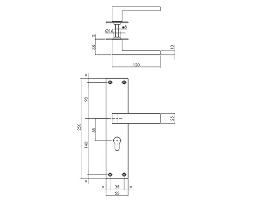 Technische tekening van een deurklink met afmetingen