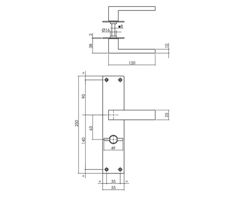 Technische tekening van een deurbeslagset met afmetingen