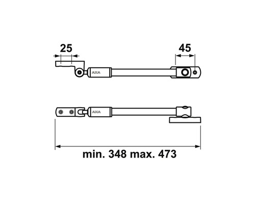 Technische tekening van een raamuitzetter met afmetingen