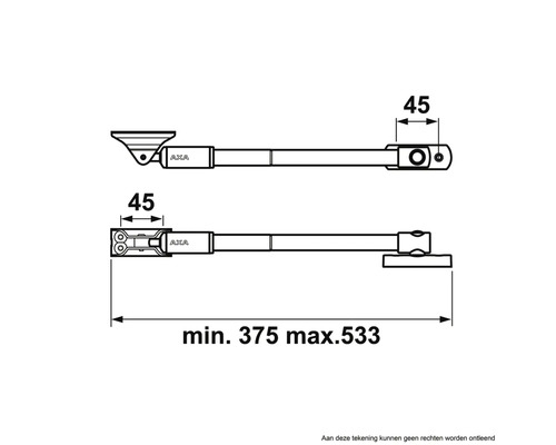 Technische tekening van een raamuitzetter met afmetingen van minimaal 375 tot maximaal 533.