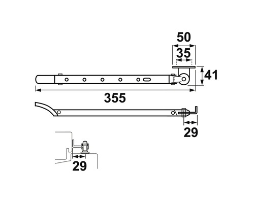 Technische tekening van een raamuitzetter met maatvoering.