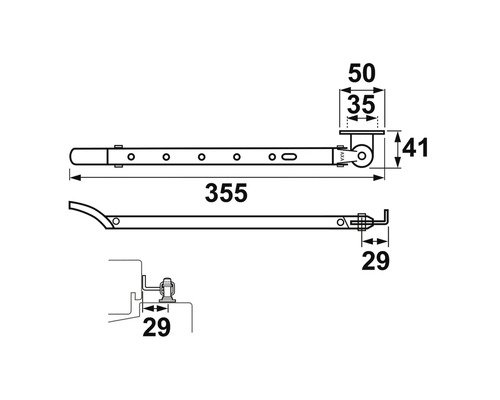 Technische tekening van een raamhouder met maataanduidingen.