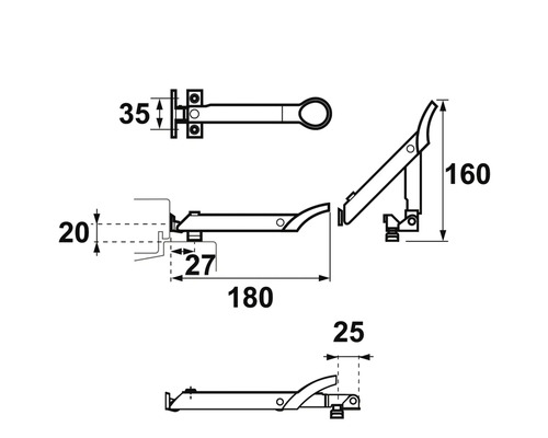 Technische tekening van een klapbeslag met maatvoering