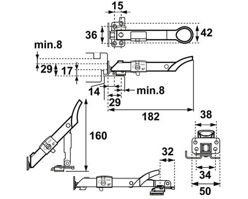 Technische tekening van een meubelbeslag met maatvoering