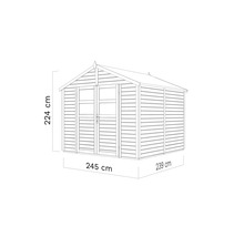 Afbeelding van een tuinhuis met de afmetingen 224 cm hoog, 245 cm breed en 239 cm diep.