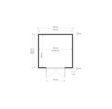 Plattegrond van een tuinhuis met de afmetingen 258 bij 252 centimeter