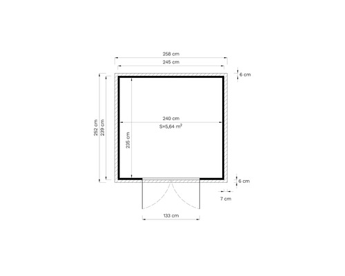 Plattegrond van een tuinhuis met de afmetingen 258 bij 252 centimeter